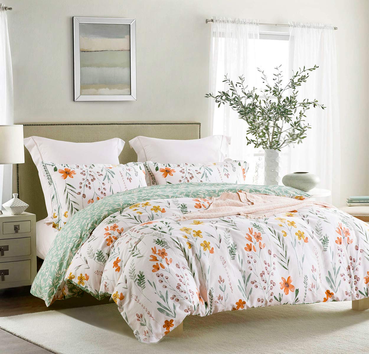 Sleepbella Twin Size Comforter Set Yellow Flowers & Green Botanical Pattern Printed On White 100% Cotton Fabric, Ultra Soft Micr